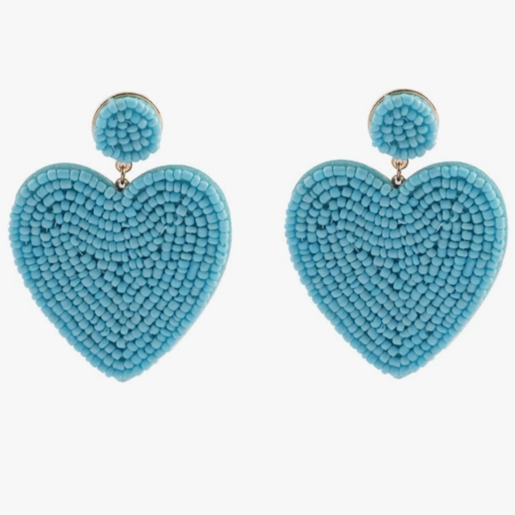 Handmade Large Sky Blue Heart Beaded Earrings Seed Beads Statement Jewelry New - Picture 2 of 5